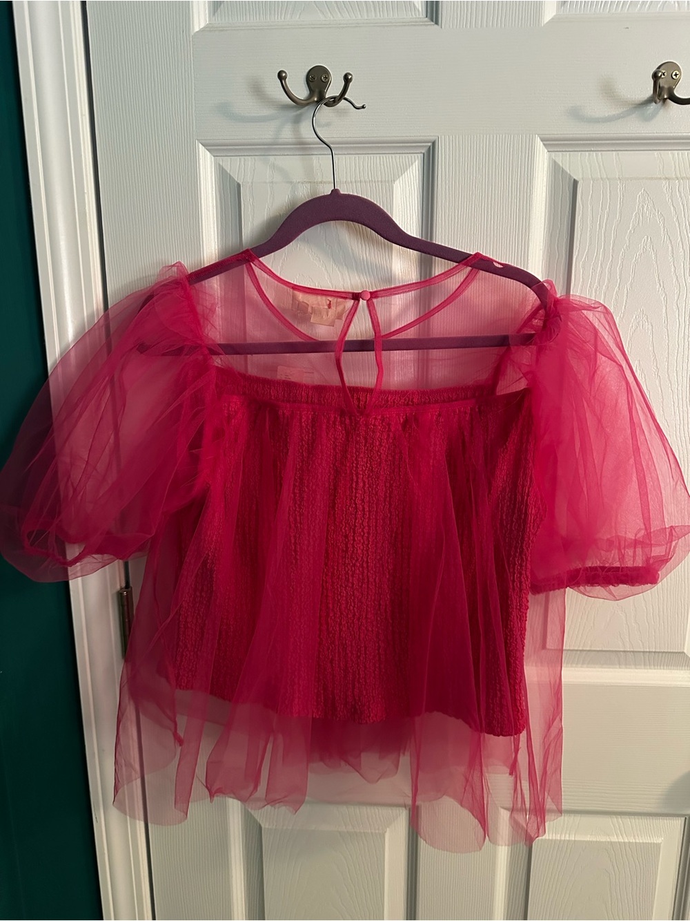 Anthropologie Sheer Puff-Sleeve Peasant Top - Hot Pink - Picture 2 of 3
